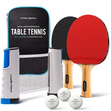 PRO-SPIN Tischtennisschläger Set - Mit Tischtennisnetz Für Jeden Tisch, Tischtennis bälle 3-Sterne, Tasche/Hülle | 2er-Set | Ausziehbares Mobiles Tischtennis Netz | Tolles Geschenk & Spiele