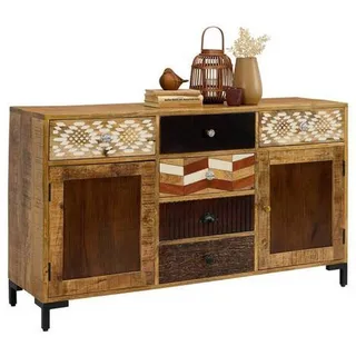 Landscape Sideboard , Braun, Multicolor, Akaziefarben, Kupferfarben , Metall, Keramik , Akazie, Mangoholz , massiv , 2 Fächer , 6 Schubladen , 140x80x40 cm , Typenauswahl, Beimöbel erhältlich, stehend , Holzmöbel, Kommoden Holz, Sideboards Holz