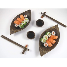 Sushi Set bestehend aus 2 Tellern in Form eines Boards, 2 Sauciere, 2 Baguettehalter und 2 Paar Baguettes aus Kokospalmenholz