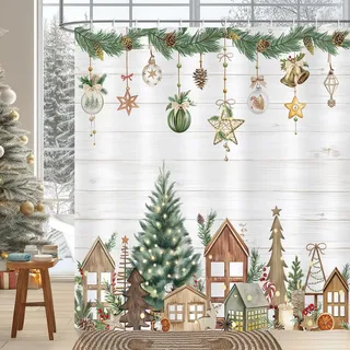 Bonhause Duschvorhang Weihnachten Weihnachtsbaum Winter Bauernhaus Xmas Duschvorhänge 180 x 180 cm Anti-Schimmel Wasserdicht Polyester Stoff Waschbar Bad Vorhäng für Badzimmer mit 12 Haken
