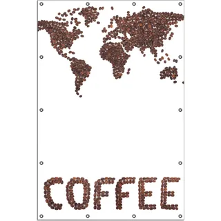 Wallario Outdoor-Poster für Garten oder Balkon, Motiv Weltkarte mit Schriftzug aus Kaffeebohnen, in ca. 120 x 180 cm - Weiß