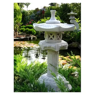 Japanischer Steintempel Yukimi auf Säule - Handgefertigte Gartenfigur aus Steinguss - Wetterfeste Dekoration für Garten und Terrasse