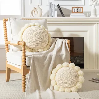 BEIIELA Rundes Boho-Dekokissen, Akzentkissen für Bett, Kreis-Kissenbezüge mit Einsatz, dekoratives Grobstrickkissen, niedliche Bommel, Sonnenblume, flippig, einzigartige Dekoration, Couch