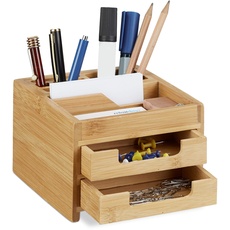 Bild Schreibtisch Organizer Bambus, Stiftehalter Holz, Schreibtischbox Schubladen, HxBxT: 9,5 x 12,5 x 15 cm, natur