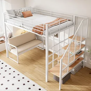 STILVORA Etagenbett 140x200 cm mit Matratze Bettgestell mit abnehmbarem Polstersofa, Hochbett mit Stauraum und Sicherheitstreppe, Metallbett für Kinder Jugendliche und Erwachsene,Weiß - Weiß