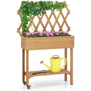 Hochbeet auf Rollen mit Ablage & Spalier & Stoffauskleidung Blumenbeet 90 x 29 x 129 cm