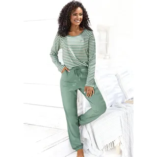 Pyjama, Damen, Gr. 40/42, grün, Single Jersey, Obermaterial: 100% Baumwolle, VIVANCE DREAMS BY LASCANA, bestickt, gestreift, Basic, bequem lang, Rundhals, Raglanärmel, Homewear-Sets Pyjama, mit garngefärbten Streifen