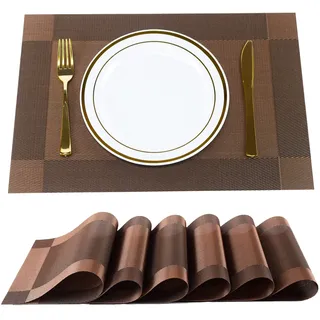 FGSAEOR Platzsets, Tischsets für Küche, Esszimmer, hitzebeständig, rutschfest, schmutzabweisend, waschbar, PVC-Tischsets, leicht zu reinigen, gewebtes Vinyl-Tischmatten (braun, 6 Stück)