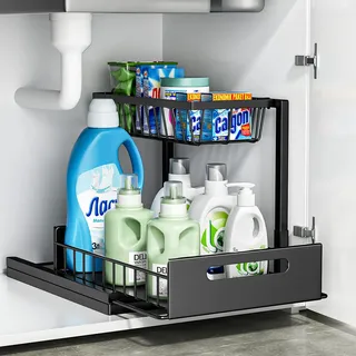 Cocolemon Metall Unter Waschbecken Regal, 2 Etagen Küche Schrank Organizer mit Schublade, Große Kapazität Unterschrankregal, Gewürzregal und Küchenhelfer für Küche, Bad, Unterschrank, Schwarz