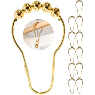Duschvorhang Ringe, 12 Stück, in Gold-Farben, mit Kugel-Gleitsystem, 7 x 3,9 cm Größe, für Duschvorhangstangen, aus Metall, Ring Duschgardine, Duschvorhangringe, Duschvorhang Haken, Metallringe