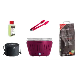LotusGrill Starter-Set Classic 1x Grill Pflaumenlila mit USB-Anschluß, 1x Buchenholzkohle 2,5 kg, 1x Brennpaste 200ml, 1x Zange (Farbe nach Vorrat), 1x Tragetasche - der raucharme Holzkohlegrill