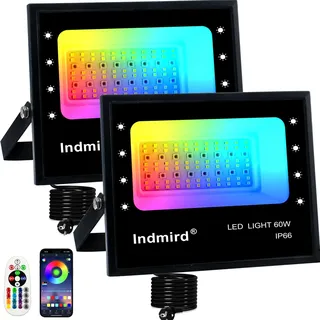 Indmird RGB Strahler 60W RGB LED Strahler Außen mit Bluetooth APP Steuerung IP66 Wasserdich 6500K Außenstrahler Smart RGBW Farbwechsel Dimmbar Flutlichtstrahler Stimmungslicht für Garten Party Bühnen