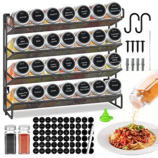 Aoriyar 4 Stöckiges Gewürzregal Stehend & Wand 28 Leere Gewürz Organizer mit Gestell und 432 Gewürzetiketten, Spice Rack Gewürzregal Ohne Bohren für Küchen, Schrank, Speisekammer