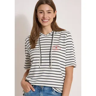 Kapuzenshirt CECIL, Damen, Gr. M (40), weiß (vanilleweiß), Jersey, Obermaterial: 87% Viskose, 10% Polyester, 3% Elasthan, gestreift, normal hüftlang, Rundhals, abgesteppte Kante, Shirts Kapuzenshirt, Streifenshirt, Kapuze mit doppelter Kordel, Viskosemix