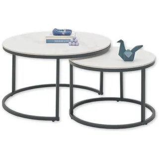 GINO Beistelltisch 2er Set in Marmor Optik rund, Weiß - Modernes Couchtisch Set mit schwarzem Metallgestell - 80 x 42 x 80 cm (B/H/T)
