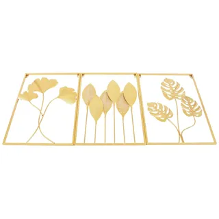 Wandkunst Set - Metall Wanddeko - 3-teiliges Blätter Motiv - Quadratisch - 60x40x1 cm - Wandmontage - Goldfarben