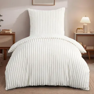 RUIKASI Winter Flanell Bettwäsche 155 x 220 Weiß 2teilig - Plüsch Warme Flauschig Winterbettwäsche Cord Teddy Fleece Cashmere-Touch Bettbezug mit Reißverschluss und Kissenbezug 80x80cm