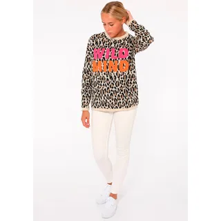 Zwillingsherz Rundhalspullover »"Leo-Wild Mind"«, mit Flockprint-Schriftzug in Neon, beige