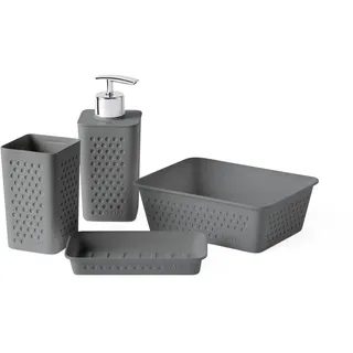 Tatay Badezimmer Zubehör Set 4-teilig (Zahnputzbecher + Seifenspender + Seifenschale + Organizer A6) Bohol, Polypropylen, BPA frei, 100% Recycelter Kunststoff, Anthrazitgrau