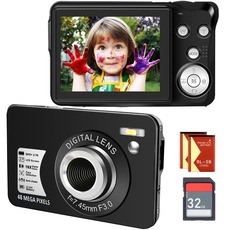 Digitalkamera Kinderkamera Kompakte Vlogging-Kamera mit SD-Karte 48MP 2.7K/20FPS 2.7-Zoll-LCD-Bildschirm Anti-Shake Photoflash Selfile für Kinder Teenager Anfänger Geschenk (Schwarz)