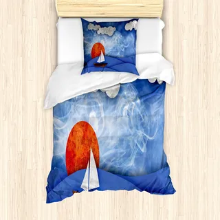 ABAKUHAUS Nautisch Mantele, Schiff auf Misty Waters, Milbensicher Allergiker geeignet mit Kissenbezügen, 135 cm x 200 cm - 80 x 80 cm, Blau Orange Weiß - Blau
