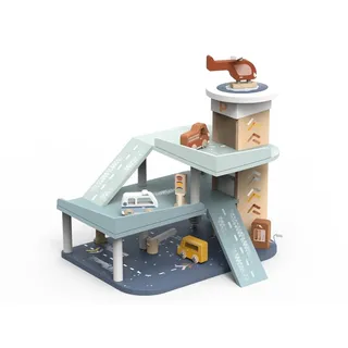 Speedy Monkey 693024 - Garage, Holz-Spielset inkl. Figuren, für Kinder ab 36 Monaten, Parkhaus mit Holzautos, Hubschrauber und Schildern