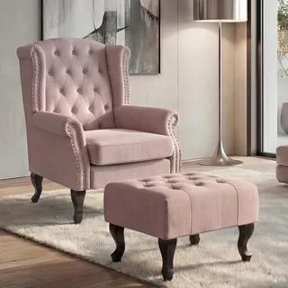 Sessel Chesterfield, Relaxsessel Clubsessel Ohrensessel, wasserabweisend Stoff/Textil hellrosa mit Ottomane - Rosa