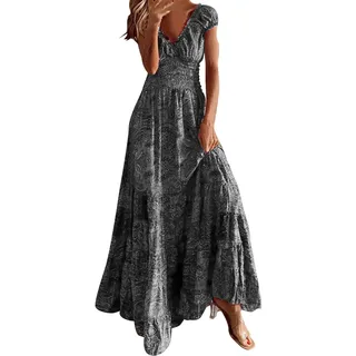 Maxikleid Damen Boho Sommer Maxi Kleid V-Ausschnitt Kurzärmelig Sommerkleid Langes Bohemian Blumen Hippie Blumenkleid Strandkleid Lang