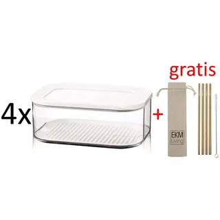Rosti Mepal 4er Set Kühlschrankdose Modula Käse 2000 ml Plastik Weiß 22.4 x 16 x 8.6 cm + Gratis 4er Set EKM Living Edelstahl Trinkhalme