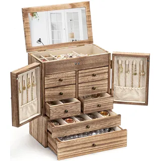 Emfogo Schmuckkästchen für Frauen aus Holz und Organizer, 5-lagig, rustikale große Schmuck-Organizer-Box mit Spiegel und 8 Schubladen für Ringe, Ohrringe, Halsketten, Armbänder, Mädchen, Geschenke