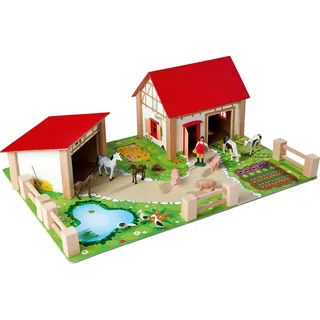 Eichhorn Bauernhof 100004309 - Bauernhof bestehend aus 2 Gebäuden, Spielplatte, Figuren, Tiere, Zäune, 20 teilig, Größe 36x51cm, Buchenholz, für Kinder ab 3 Jahren