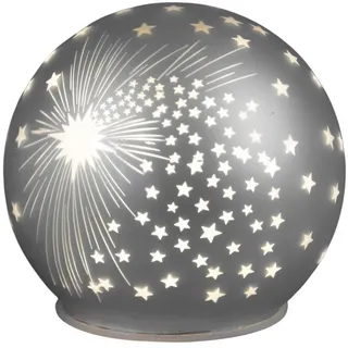 Formano LED Deko-Kugel Silber Sterne 12 cm Glaskugel Timer 6h / 18h Weihnachten - Mattes Farbglas mit winterlichem Dekor - Herbst Winter Weihnachtsdeko für Tisch Regal Fensterbank
