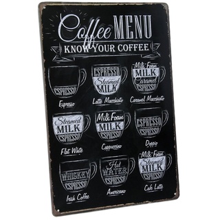 Hioni Coffee Menu Know Your Coffee Latte Macchiato Espresso Cappuccino Vintage Blechschild Kaffee Poster Wandschild Wand Dekoration Metallschild Türschild