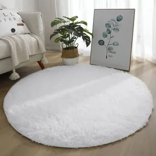 Lifup Teppich Shaggy Anti Rutsch Pflegeleicht, Rund Langflor Teppich für Wohnzimmer Schlafzimmer Kinderzimmer Weiß 130 cm