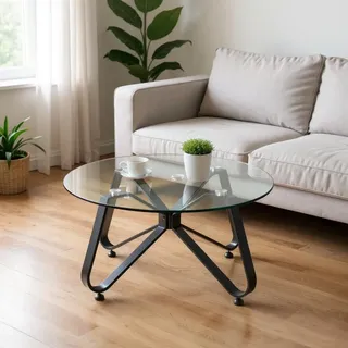 FurnitureR Couchtische für Wohnzimmer, minimalistisch, rund, mit Platte aus Hartglas, künstlerische Basis in Schmetterlingsform, für Haus, Wohnzimmer, Terrasse, Garten, 80 x 80 x 40 cm
