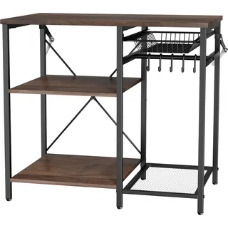 SucceBuy Küchenregal mit X-förmiger Stützstange, 5 S-Haken und mehreren Ablagefächern (90 x 40 x 90 cm), Mikrowellenregal für Geschirr, Schüsseln und Gewürzflaschen aus Metall