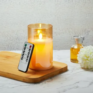 Koelaa Braun Glas Kerzen Flammenlos - Batteriebetriebene LED Kerzen mit Fernbedienung - Dekoration für Weihnachten, Advent, Tischdeko, Fenster, Grab, Kirche - 7,5 cm x 12,5 cm