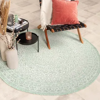 In- & Outdoor Teppich Rund - Summer Azteca Mint - Ø 100cm - Boho, Ländlich, Modern - Balkon, Garten / Terrasse -  FRAAI | Home & Living - Türkis