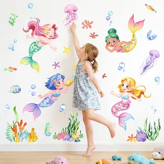 Tanlaby Wandtattoo Meerjungfrau Unter dem Meer Wandsticker Fisch Seetang Quallen Ozean Wandaufkleber Unterwasserwelt für Mädchenzimmer Kinderzimmer Badezimmer Babyzimmer DIY Maritimer Wanddeko