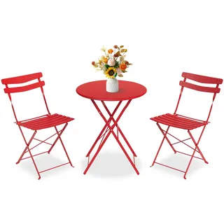 Bistroset 3-Teilig Mit Bistrotisch&2 Klappbaren Stühlen, Gartenmöbel Set | Outdoor Bistro Set, Gartentisch/Balkonset Aus Klapptisch&2x Klappstühlen, Gartenset/Sitzgruppe Metall Für Balkon, Garten-Rot