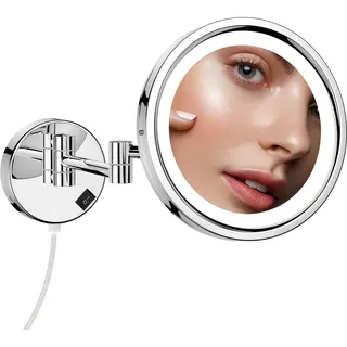 DOWRY Schminkspiegel mit Beleuchtung,10x vergrößerungsspiegel Wandmontage,3 LED Farben Lichtern kosmetikspiegel, Rasierspiegel für Badezimmer, Ø25CM,Chrom