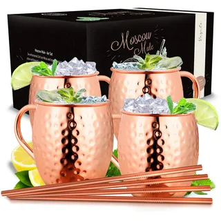 Vezato Moscow-Mule-Becher [500ml] – Gehämmerte Kupferbecher mit Strohhalmen – Handgemachtes -Set [4 Stück] – Rostfreie Kupfer Becher