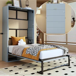 Wandklappbett 90 x 200 cm, Murphy-Bett mit Metallrahmen, platzsparendes Faltbett, Wandmontage, klappbares Einzelbett, Holz, robust und leise - Grau