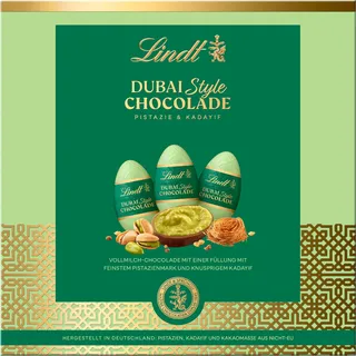 Lindt Dubai Style Chocolade Eier Ostergeschenk | 162g Eier | Feinste Vollmilch-Chocolade mit feinster Pistazienmark, Pistazien- und knuspriger Kadayif Füllung | Schokoladeneier | Schokoladengeschenk