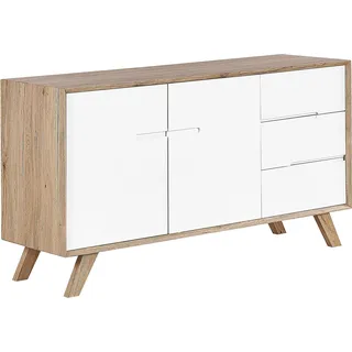 BELIANI Sideboard Weiß Heller Holzfarbton MDF Platte Pinienholz 75 x 140 x 40 cm Modern 3 Schubladen Mit 2 Türen Wohnzimmer - Braun, Weiß