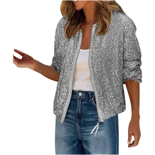 Glitzer Jacke Damen Pailletten Blazer Pailettenjacke Elegant Anzug Glänzend Cardigan Langarm Bolero Tops Kurz Oberteile Sakko Einfarbig Blazermantel Party Outwear