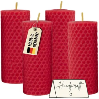 Wachsmann Adventskerzen 4er-Set, 100% Bienenwachs, handgerollt, Made in Germany, rot, Bienenwachskerzen mit je 6 Stunden Brenndauer, Stumpenkerze für Weihnachten (4 x 10 cm)