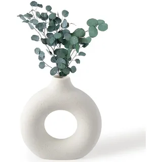 BASVII Kleine Weiße Vase für Pampasgras - Keramik Vase Modern Rund Donut Design, Boho Deko Blumenvase für Wohnzimmer, Flur, Fensterbank, Esstisch, Zimmer Deko Aesthetic (M)