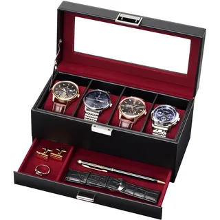Lolalet 4 Slot Uhrenbox mit Glasdeckel Schmuckkästchen für Herren | Uhren Schmuck Box, PU Leather herausnehmbaren Uhrenkissen, leicht zu reinigen