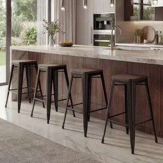 4er-Set Barhocker HWC-A73 inkl. Holz-Sitzfläche, Barstuhl Tresenhocker, Metall Industriedesign stapelbar schwarz - Schwarz